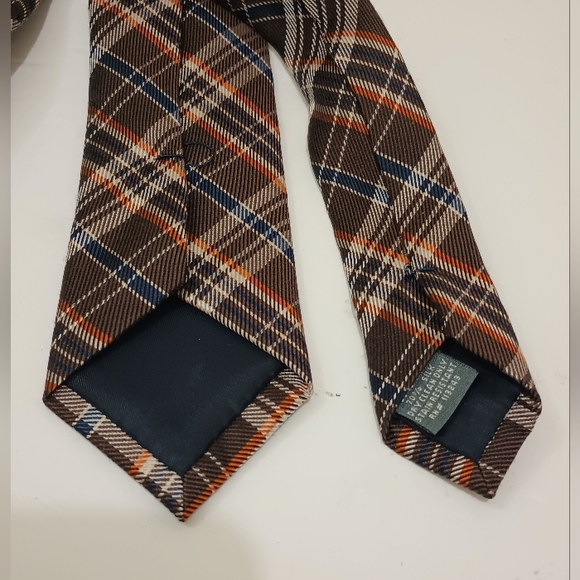 The Tie Bar Silk Wool Diagonal Brown Orange Blue Plaid Men's Skinny Necktie - Picture 4 of 12